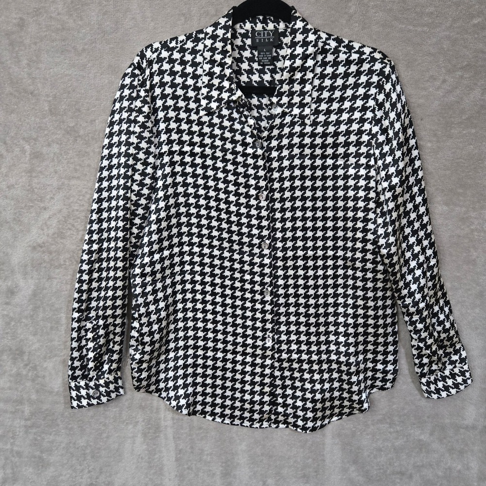 Equestrian Houndstooth Blouse Large   100% Silk Quiet Luxury Old Money‎  Preppy